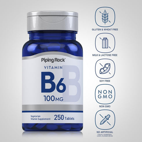 Piping Rock Vitamin B6 100mg Supplement, 250 Tablets, as Pyridoxine Hydrochloride, Non-GMO & Vegetarian Formula