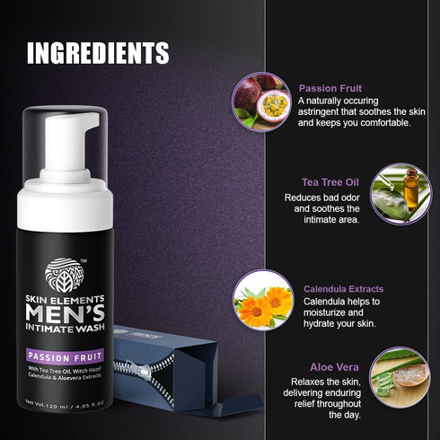 Skin Elements Intimate Wash for Men - 4.05 Fl Oz Passion Fruit pH Balanced Foaming Wash Prevents Itching & Odor
