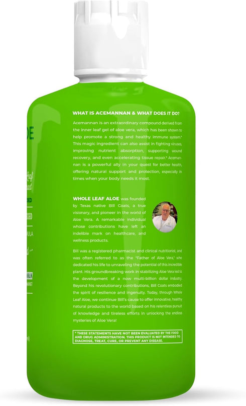 Whole Leaf Aloe Vera Juice - Potent, Unflavored, for Digestive Health, Skin Care and Hydration, Highest Acemannan