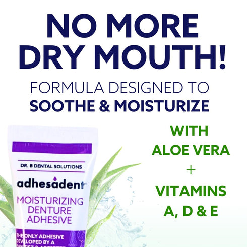 Dr. B Dental Solutions Adhesadent Moisturizing Denture Adhesive - Secure Denture Glue, Zinc-Free, 2.4 oz