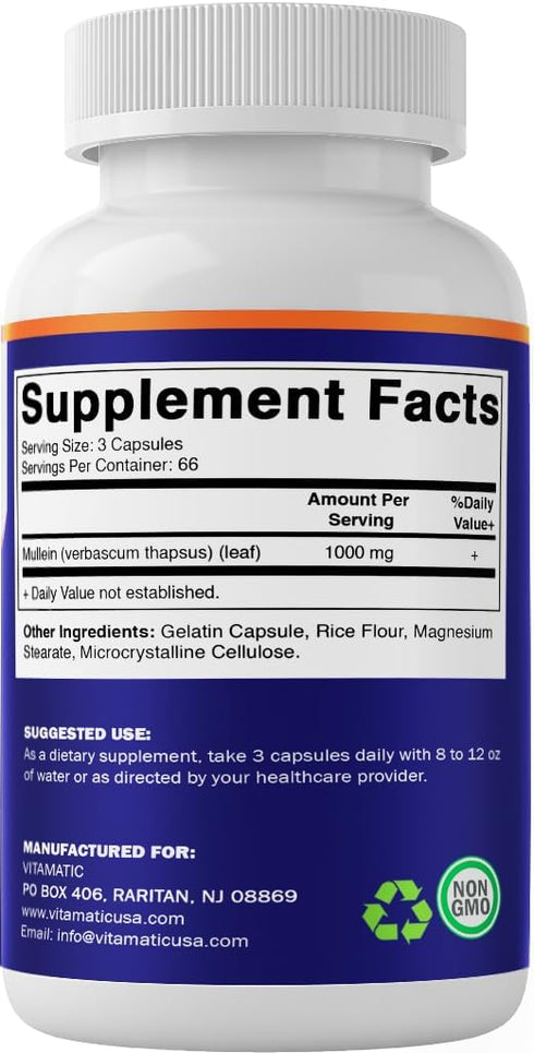 Vitamatic Mullein Leaf 1000mg per Serving - Supports Healthy Respiratory, Bronchial & Immune Function - 200 Capsules