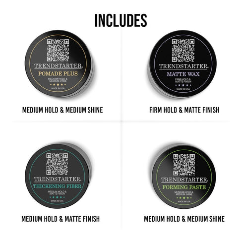 Men's Premium Hair Styling Sample Pack - Four 0.25oz Samples of Matte Wax, Forming Paste, Thickening Fiber, Pomade
