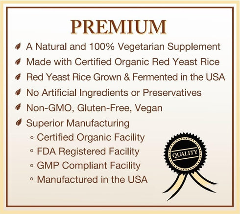 Certified Organic Red Yeast Rice Supplement - 120 Capsules, 2 Month Supply