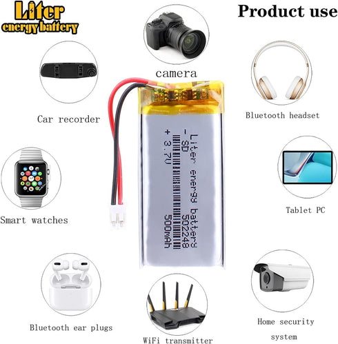 3.7V 500mAh Lipo Battery, 502248 Rechargeable Lithium Polymer Ion Battery with JST Connector