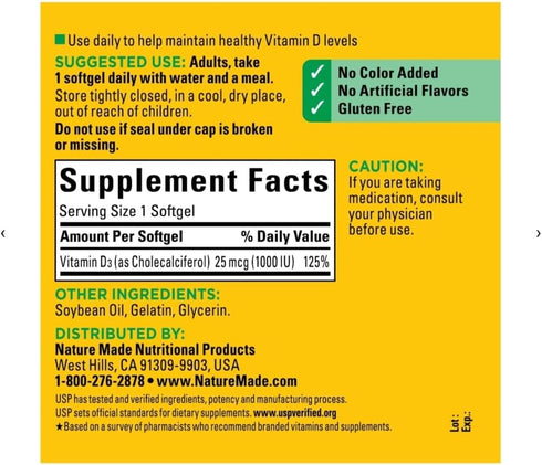 Vitamin D3, 300 Softgels, 1000 IU (25 mcg), Supports Immune Health, Strong Bones, Teeth & Muscle Function, Daily Value