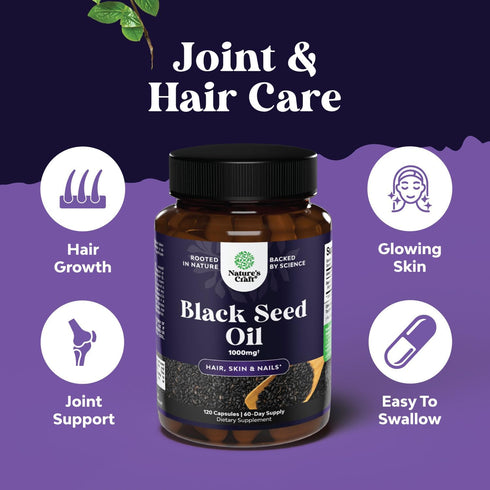 Cold Pressed Black Seed Oil Capsules - Vegan Nigella Sativa with Omega 3 6 9 Antioxidants for Hair Growth and Joint