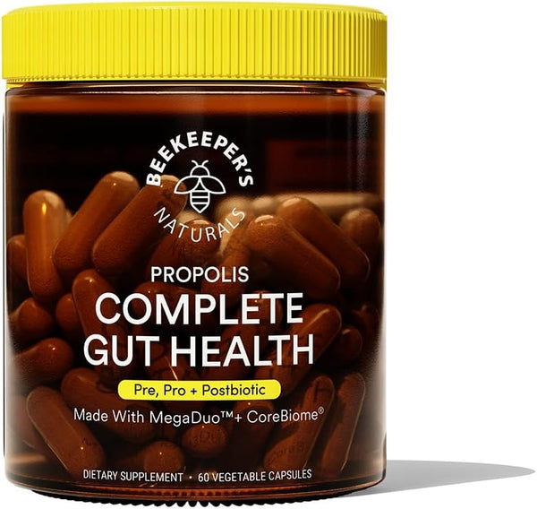 Beekeeper's Naturals Complete Gut Health - 3-in-1 Probiotics, Prebiotic, Postbiotic - 60ct Vegan Capsules for Digestive