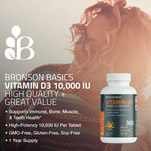 Bronson Vitamin D3 10,000 IU (250 MCG), 360 Tablets - 1 Year Supply for Muscle Function & Immune Support