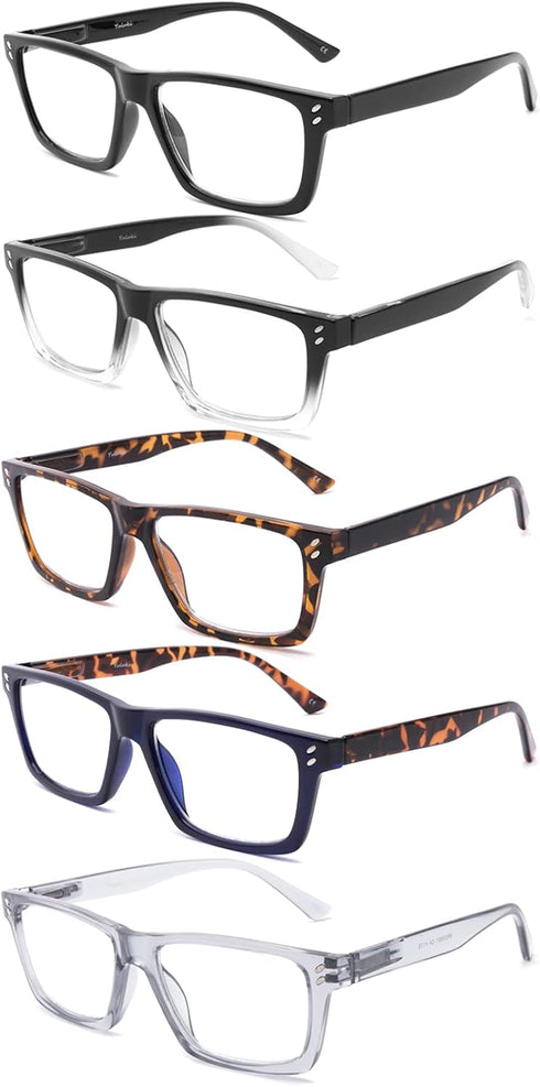 5 Pack Reading Glasses Blue Light Blocking for Men Women, Square Frame Computer Readers with Comfort Spring Hinges
