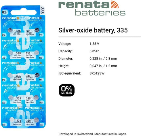 Renata 335 SR512SW Batteries - 1.55V Silver Oxide 335 Watch Battery (10 Count)