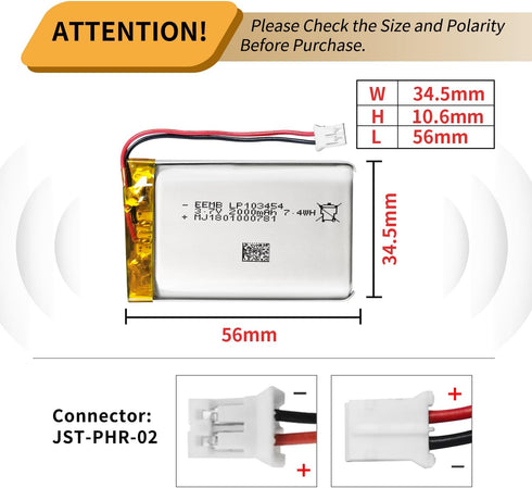 EEMB 3.7V Lithium Ion Battery 2000mAh 103454 Rechargeable Pack with Wire JST Connector for Speaker
