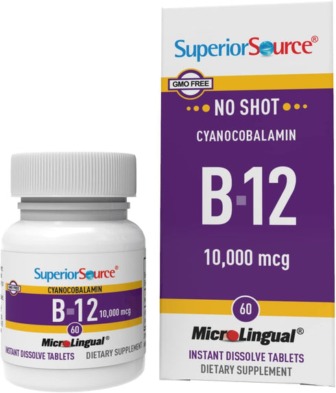 Superior Source No Shot Vitamin B12 10000 mcg, 60 Quick Dissolve MicroLignual Tablets for Energy Support