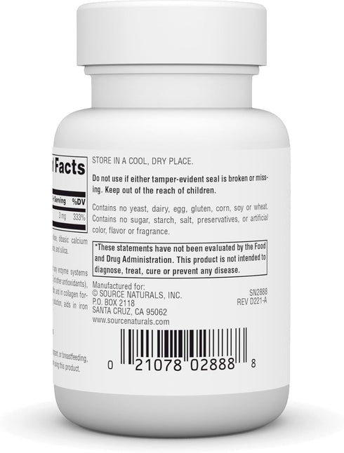 Source Naturals Copper, Supports Energy, Cognition, and Immune Health, 3 mg - 60 Tablets