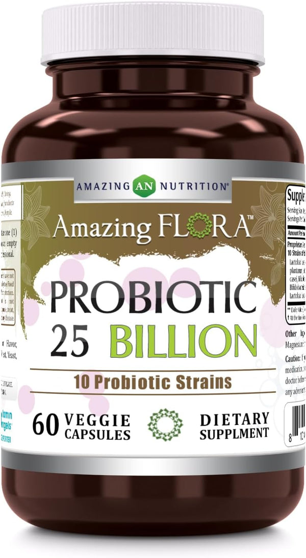 Amazing Flora Probiotic Supplement, 25 Billion-10 Strains, 60 Veggie Capsules, Non-GMO, Gluten-Free, Made in USA