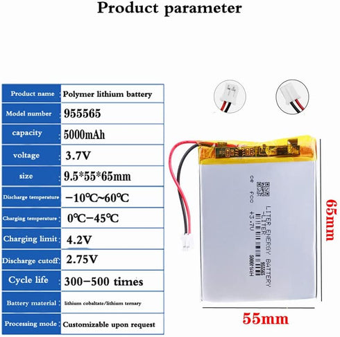 3.7V 955565 5000mAh Lithium Polymer ion Battery Rechargeable Polymer Battery Pack with JST 2.0mm Connector