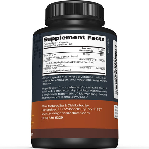 Sunergetic Premium Methyl Folate Supplement – Methylated Vitamin B12 and B6, 400 mcg per Capsule – 60 Capsules