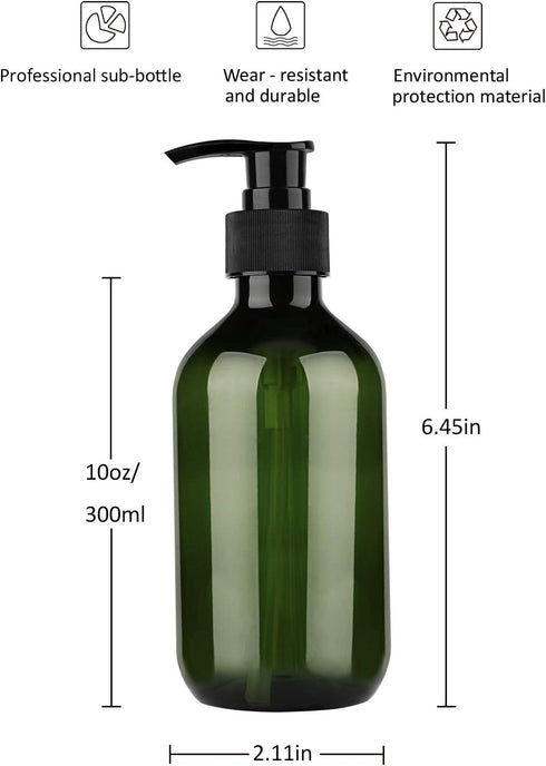Yebeauty 10oz/300ml Pump Bottle Dispenser, Empty Plastic Refillable Soap Shampoo Containers, 2-Pack Green