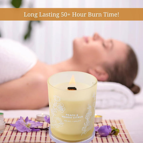 Pack Set 2 10.6 Oz Pear Freesia English Rose and Peach Mango Citrus Scented Wood Wick Candles Variety | Aromatherapy