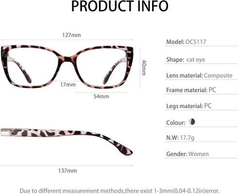 OCCI CHIARI Stylish Reading Glasses Women 1.0, 1.5, 2.0, 2.5, 3.0, 3.5, 4.0, 5.0, 6.0 (Leopard, 1.0)