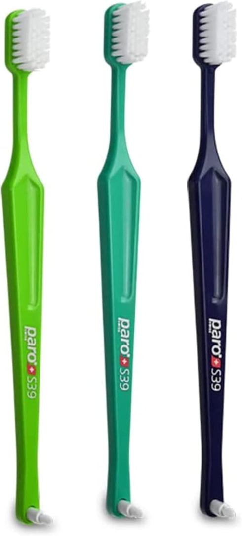 Paro S39 Extra Sensitive Toothbrush, Soft Bristles, 5 Rows, 39 Tuft, Exchangeable Inter Space F, 3 Pack Multi Color