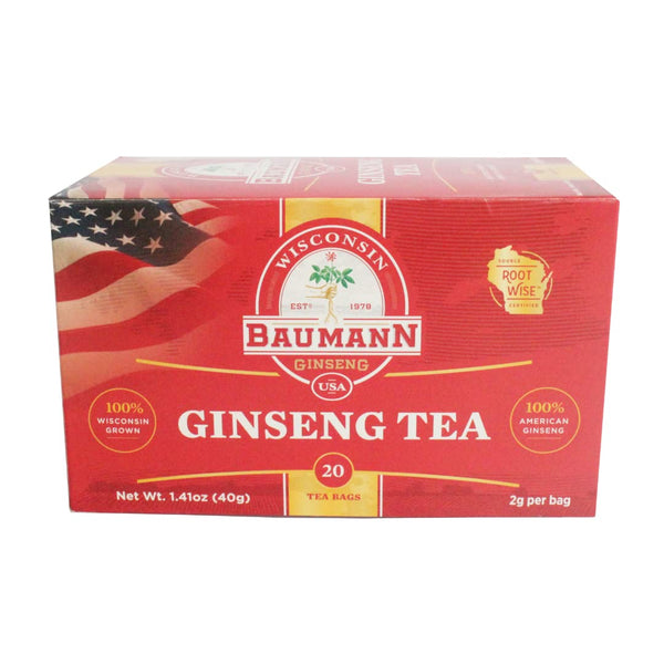 Baumann Premium American Ginseng Tea Bags (20 Bags) - Authentic Panax Wisconsin Grown Herbal Tea for Enhanced Focus &