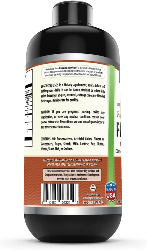 Amazing Omega Flaxseed Oil Supplement, Omega 3, Lignans & Fiber, 16 Oz, Non-GMO, Gluten Free
