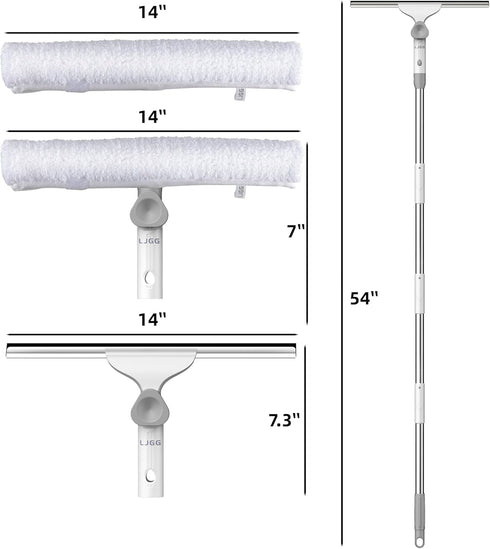 Window Cleaning Squeegee Kit, 14" Squeegee and Microfiber Scrubber with 54" Telescopic Pole for Glass and Shower