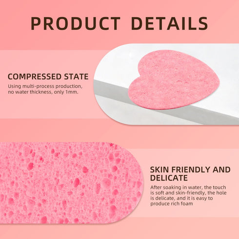 50-Count Heart Shape Compressed Facial Sponges, Natural Cosmetic Spa Sponges for Daily Cleansing