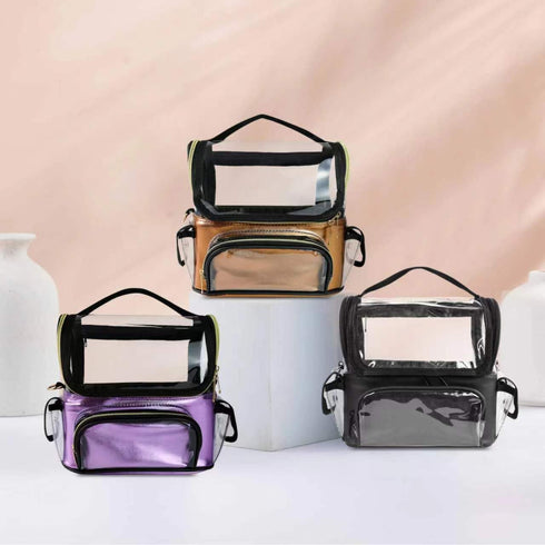 Makeup Brush Case, Clear Makeup Bags with Multiple Pockets, Waterproof Travel Organizer with Removable Dividers, Purple