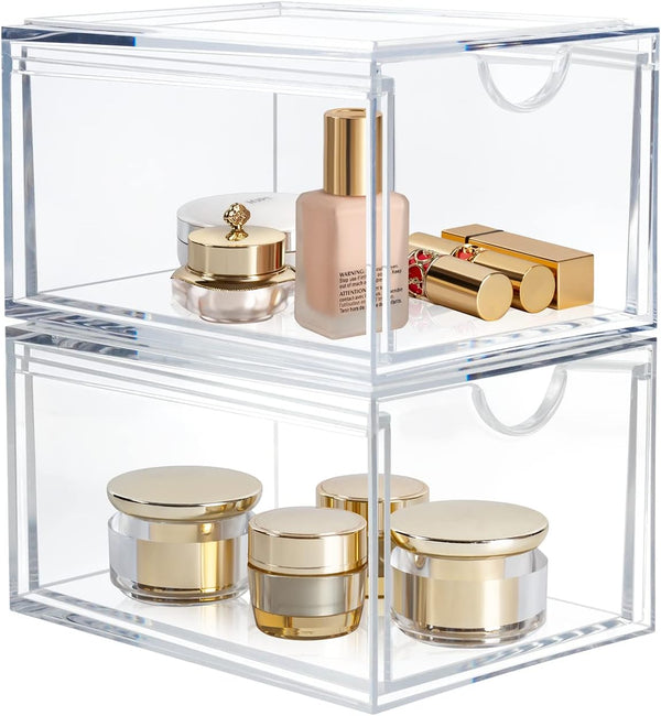 Stackable Acrylic Clear Cosmetic Organizer Drawers, Makeup Storage Container for Skin Care, Hair Accessories, Set of 2