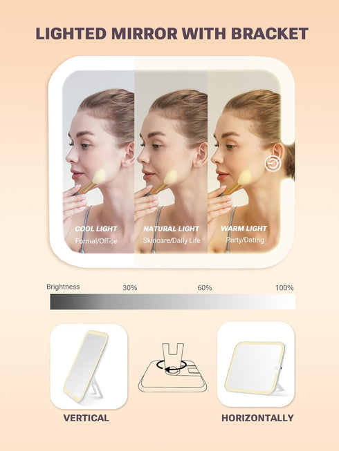 Qislee Makeup Box with Detachable Lighted Mirror, Waterproof Travel Case, Cosmetic Organizer with Adjustable Dividers