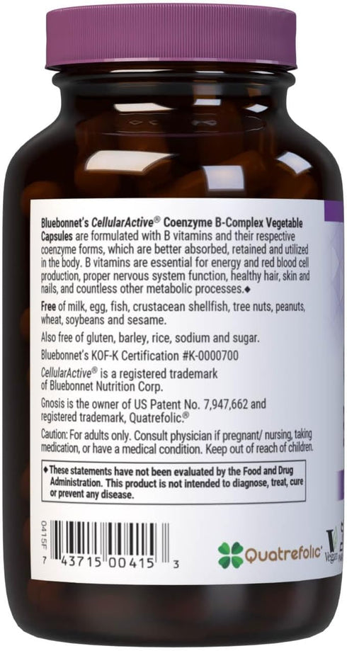 Bluebonnet Nutrition Cellular Active Coenzyme B-Complex, Vegan, Kosher Certified, Gluten-Free, 100 Vegetable Capsules,
