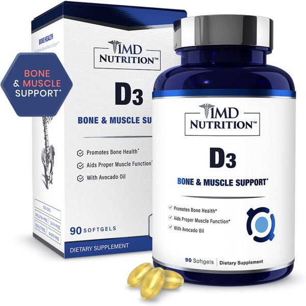 1MD Nutrition Vitamin D3 5000 IU Softgels, Bone Health, Muscle Function, Immune Support, Gluten Free, 3-Month Supply
