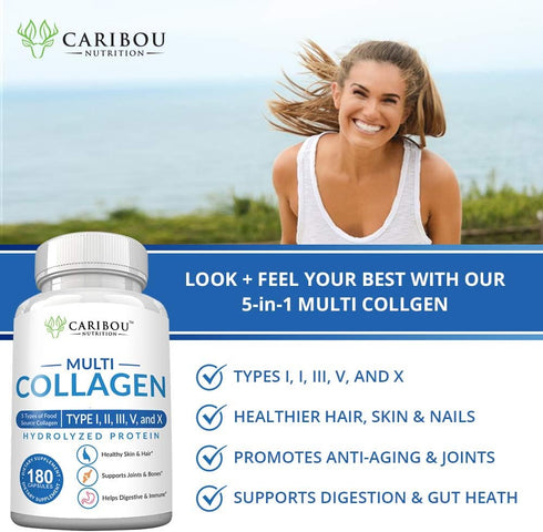 Multi Collagen Pills, 180 Capsules - Type I, II, III, V & X Collagen Peptides, Wild Fish, Eggshell, Chicken & Beef