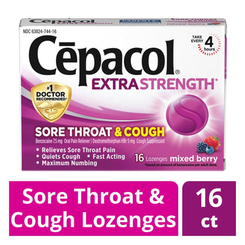 Cepacol Extra Strength Sore Throat & Cough Relief Lozenges, 16 Count, Mixed Berry Flavor, Pack of 4