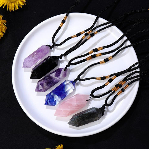 Runyangshi Black Obsidian Healing Crystal Pendants, Double Pointed Natural Crystal Quartz Necklace, Chakra Crystal Wand