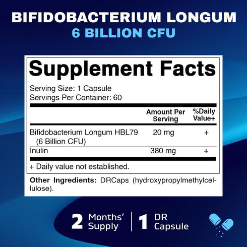 Vitamatic Bifidobacterium Longum 6 Billion CFU per DR Capsule - 60 Count - Promotes Intestinal Health - Made with Prebiotic Inulin Fiber