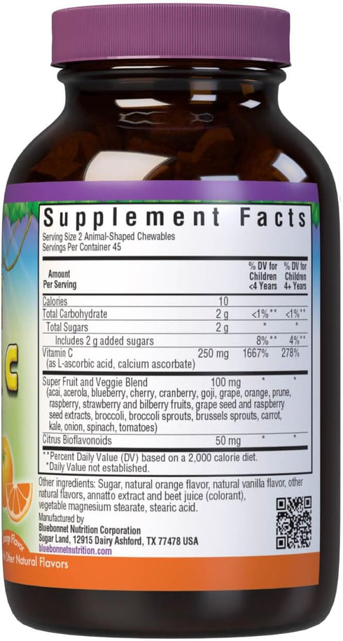 Bluebonnet Nutrition Rainforest Animalz Vitamin C Animal Shape Chewable Tablets, 250mg of Vitamin C, Soy-Free, Gluten-Free, Kosher Certified, Dairy-Free, Vegan, 90 Tablets, 45 Servings, Orange Flavor
