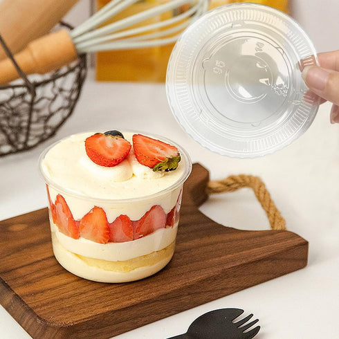 100 Pcs 8 OZ Disposable Plastic Cups with Flat Lids, Snack Bowls for Ice Cream, Cake, Fruit, Parfait, Pudding