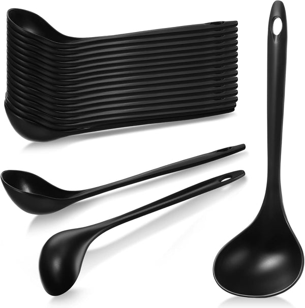 18 Pcs Large Disposable Plastic Serving Spoons, Heavy Duty Reusable for Soup, Party Catering, Buffet (Black, 9 x 2.8