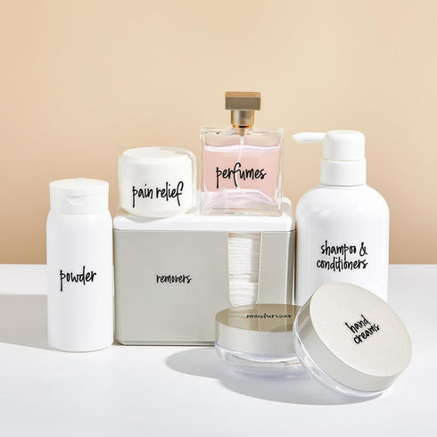 Talented Kitchen Bathroom Labels - Transparent Vinyl & Black Script Stickers for Containers, Bins, Bath, Beauty, Makeup