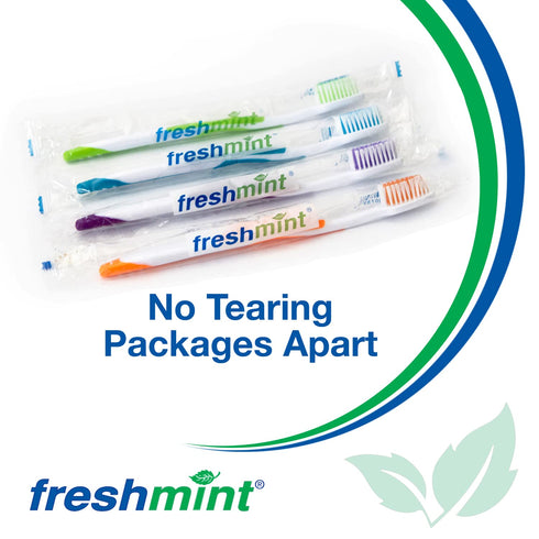 FRESHMINT (144 Pack) Individually Wrapped Premium Toothbrushes, Oversized Easy Grip Handle, Soft Nylon Bristles