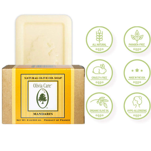 Olivia Care Premium Mandarin Bath & Body Bar Soap - Organic, Vegan, Natural Olive Oil for Sensitive Dry Skin (8 OZ, 4