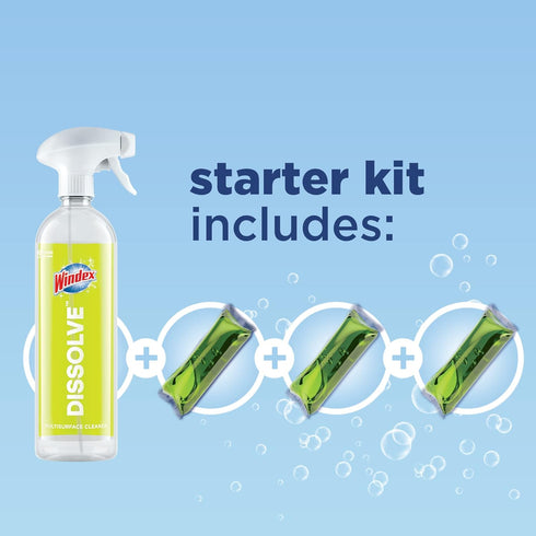 Windex Dissolve Concentrated Pods, Multisurface Cleaner Starter Kit, 1 Reusable Bottle, 3 Concentrated Pods