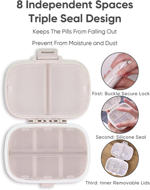 Holii Portable Travel Pill Organizer, 8 Compartments Daily Pill Box for Vitamins, Small Pill Container for Pocket Purse