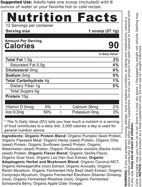 Ancient Nutrition Organic Plant Protein +, Vegan Protein Powder, Vanilla, 11.5 oz, Non-GMO, Gluten-Free