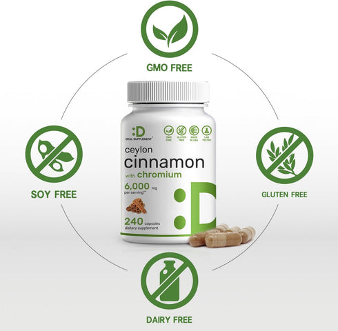 Ceylon Cinnamon 6000mg with Chromium 1000mcg - 240 Natural Capsules from True Sri Lanka Source, Active Inner Bark