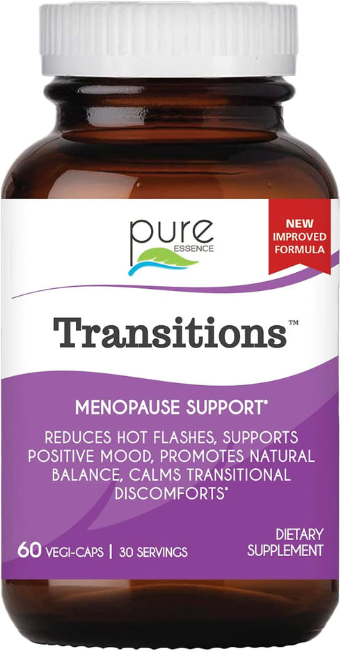 PURE ESSENCE LABS Transitions Vitamins for Women, 60 Capsules, Natural Menopause Relief Supplement for Hormone Balance