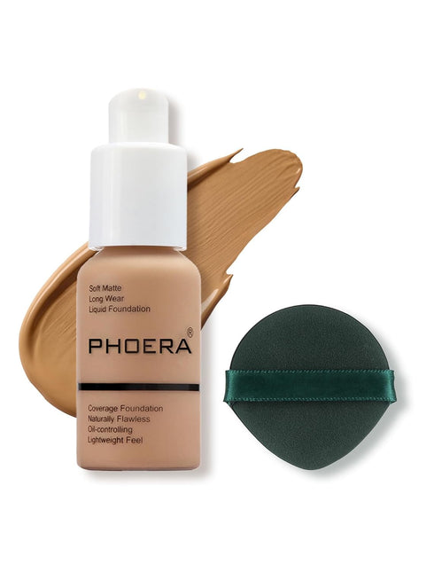 PHOERA Liquid Foundation Makeup - Full Coverage Matte Oil-Control Concealer, 8 Colors (#105 Sand, 30ml)