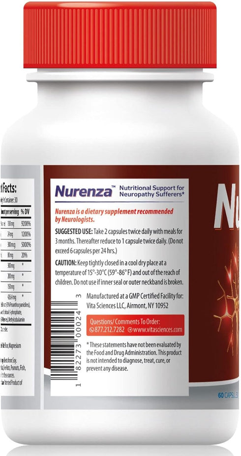Vita Sciences Nurenza Neuropathy Supplement for Nerve Health, 60 Ct, Natural R-ALA with Vitamins & Antioxidants